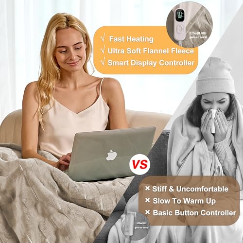 Image of IUUI Heated Blanket Electric King Dual Controller- 90x100 Inches Soft Flannel Heating Blanket,Fast Heating Blanket 6 Heating Levels & 2 Hours Auto Off ETL Certification (Light Brown, King 90 inch x 100 inch)