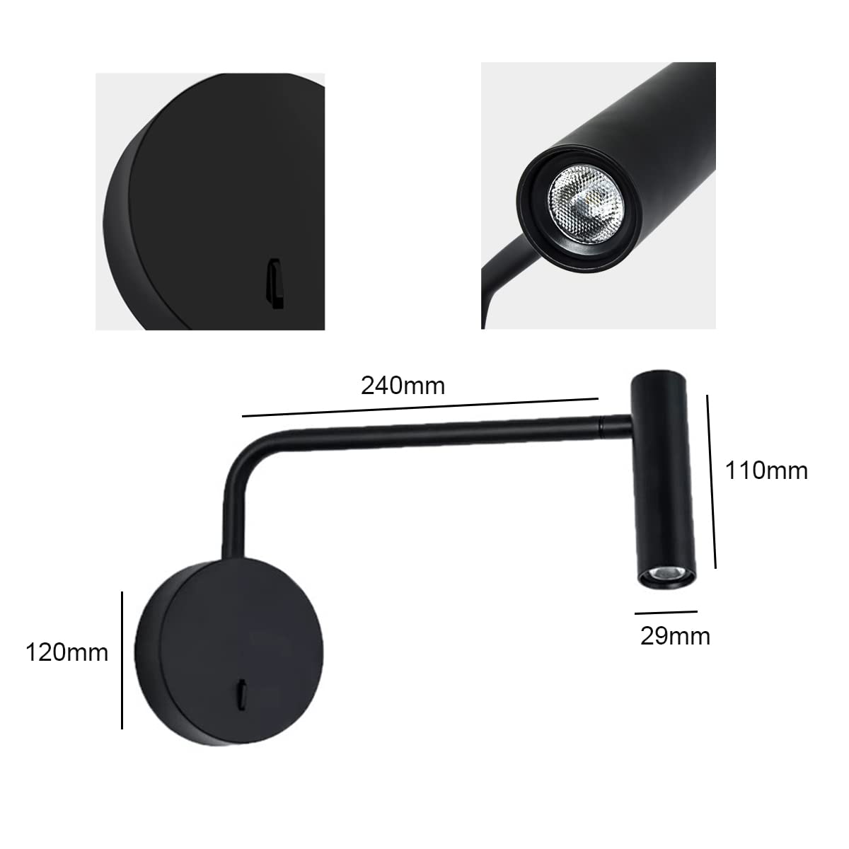 Wandlampe Innen Mit Schalter Und Stecker 3W LED Wandleuchte Mit 1.5M Kabel Verstellbar Wand Leselampe Nachttischlampe Warmweiß 3000K Wandspot Flurlampe Für Wohnzimmer Schlafzimmer Hotel Lernen,Schwarz