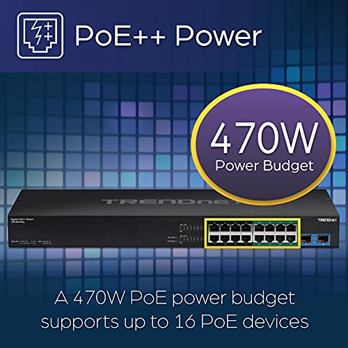 Image of TRENDnet TPE-BG182g, 18-Port Gigabit 470W PoE++ Switch with 8 x 95W PoE++ Ports, 8 x 30W PoE+ Ports, 2 Gigabit SFP Slots,470W PoE Budget, 1U 19 inch Rack Mountable, Black (Renewed)