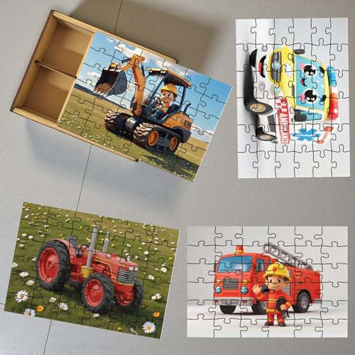Image of Wooden Construction Vehicle Jigsaw Puzzle Set for Kids (3+ Years) | 4-in-1 Utility Vehicle Puzzles with Wooden Storage Box | Educational & Screen-Free Learning Toy