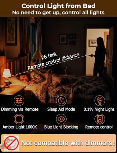 Image of LED Sleep Amber Light Bulbs with Remote Control, 1600K E26 Circadian Light Bulb A15, 5W(40W Equivalent) for Sleep Therapy, Baby Nursery, Bedroom (4 Packs)