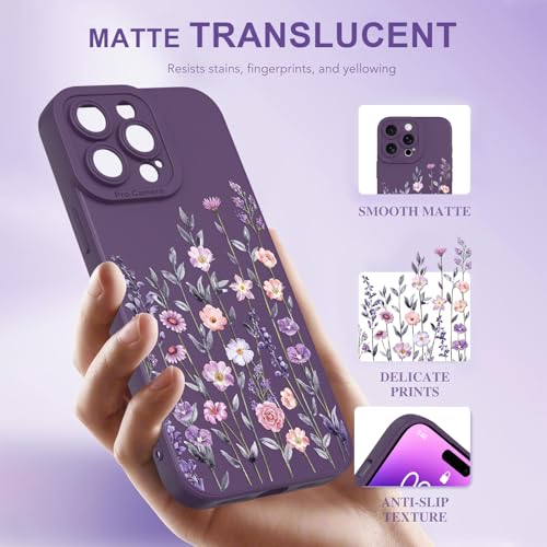 Image of Designed for iPhone 14 Pro Max Case Flower for Women, Dark Purple | Cute Floral Pattern Liquid Silicone Phone Case [Full Camera Protection] Slim Soft TPU Protective Cover