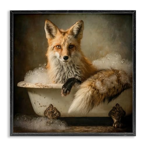 Red Fox Bubble Bath Playful Animal, 12 x 12 Inch Framed Giclée Print