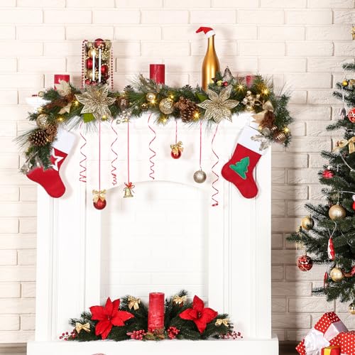 Christmas Garland with Lights, 6 FT Coffee Brown Pre-Lit Christmas Garland with 20 LED Ball Ornaments Pine Cones and Ribbon Bows for Fireplace Mantle Stair Railing Indoor Outdoor Christmas Decoration
