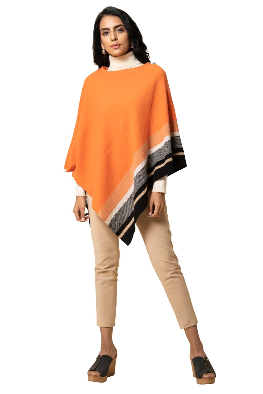 Wool Blend Poncho | Elegant Soft Wrap Shawl for Women | Lightweight Layered Outerwear Cape | Stylish Draped Design for Winter Fall Travel | Fashionable Westernwear, Orange/Black-image-9