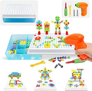 Electric Drill Toy Set 4 in 1 Creative Puzzles Assembly DIY Toy Construction Building Toy with Electric Drill Screwdriver Peg Board Mosaic Toy Educational Construction Set for Kids Boys Girls (193pcs)