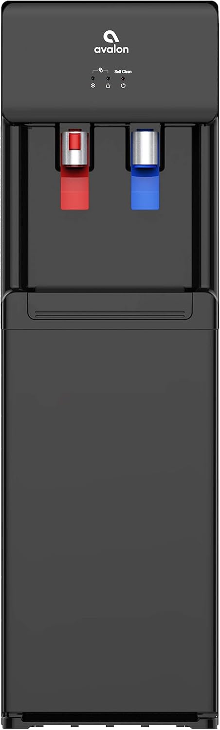 Close-up of the Avalon water cooler's dispenser area with red hot water paddle and blue cold water paddle, and indicator lights above
