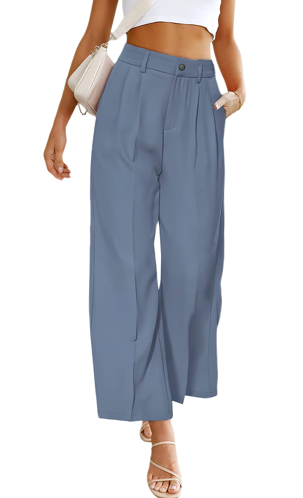 ebossy Womens High Waist Straight Wide Leg Pants Long Formal Trouser with Pockets