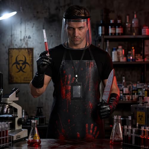 cosmisun 7Pcs Halloween Butcher Costume Men Scary Cosplay Party Accessories | Waterproof Apron, Face Shield, Black Gloves, Fake Knife, Fake Syringe Pen, ID Badge Holder, Horror Costumes Dress Up Outfit - image 5