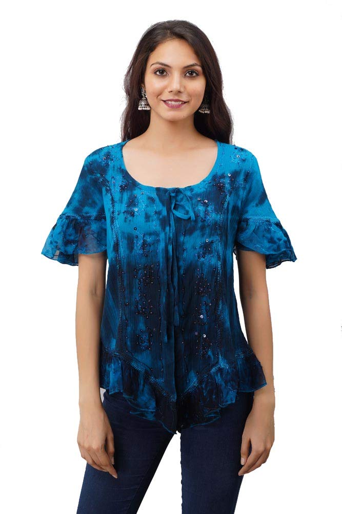 Jordash Blouse Multi Blue Sweetheart Neckline and Short Sleeve XL