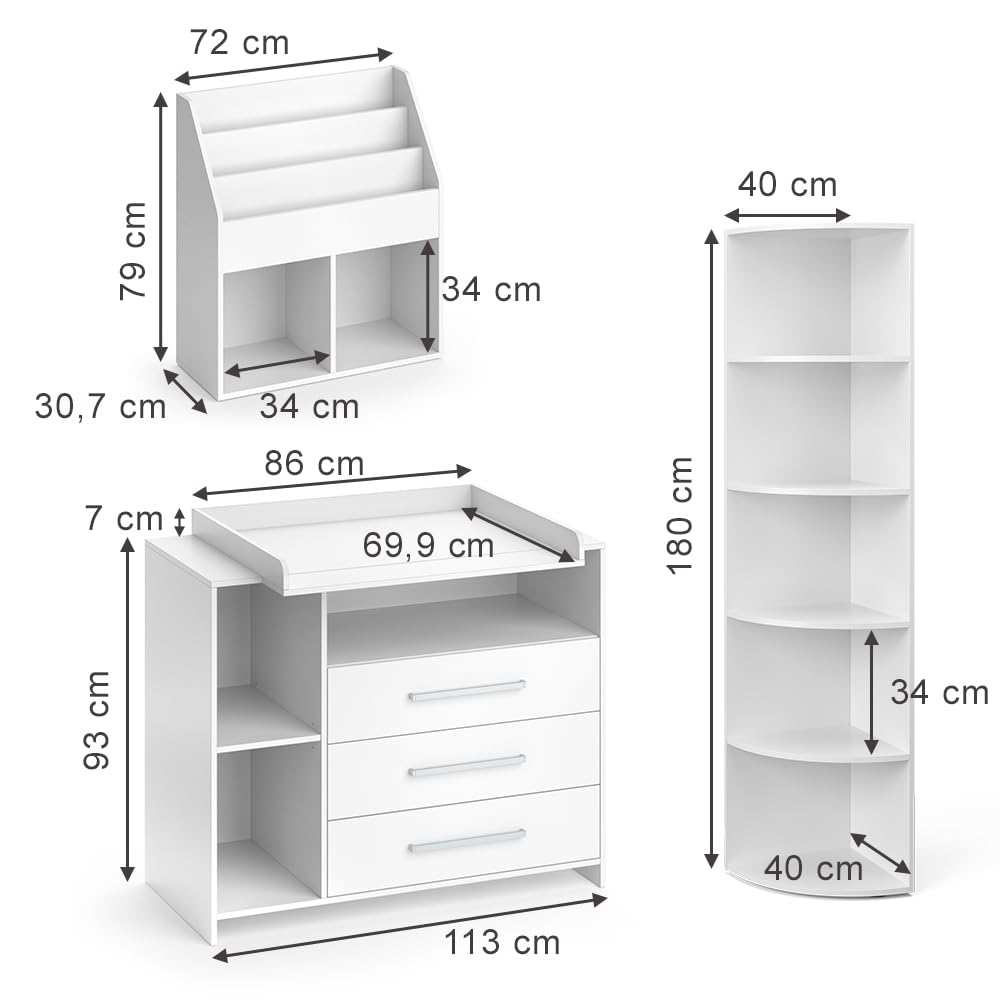 Vicco Set mobili bambini Oskar bianco 3 parti fasciatoio scaffale giocattoli libreria convertibile cassettiera