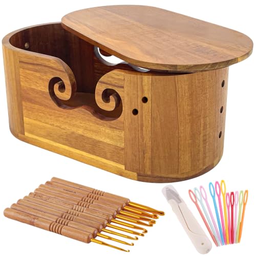Yalumo Yarn Bowl for Crocheting Large Acacia Wood Crochet Bowl with Lid for Yarn Storage Handmade Wooden Wool Ball Holder for Knitting Crocheting Gifts for Knitters Crochet Lovers Enthusiasts