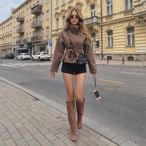Image of DOBOYG Knee High Suede Boots for Women Wide Calf Square Toe Tall Boots | Stiletto High Heels Pull On Fashion Long Booties