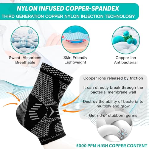 Image of INDEEMAX Ankle Brace for Sprained Ankle Compression Sleeve, Copper Infused Ankle Support Brace for Women & Men, Plantar Fasciitis Relief Achilles Tendonitis, Sports Running, Silver Black, XL