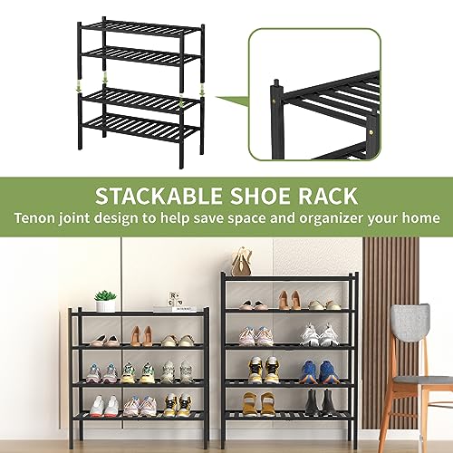 5 Tier Bamboo Shoe Rack for Closet Free Standing Wood Shoe Shelf for Entryway Small Space Stackable 27"x11"x33" (Black)