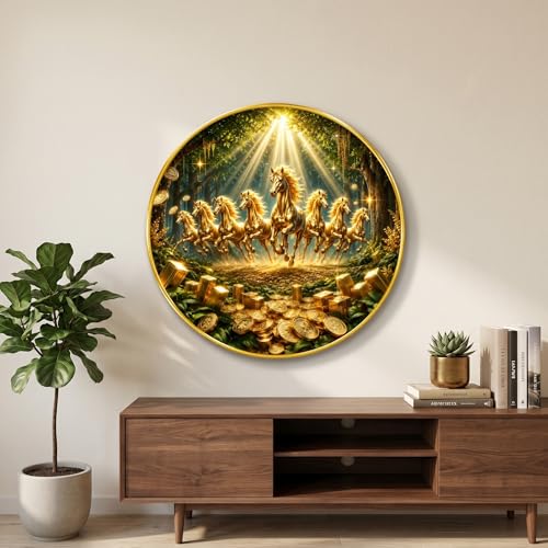 Image of SAF 7 Horse Vastu Round Wall Painting with Premium PVC Golden Frame, Golden Running Horses Wealth Coins Forest Art for Living Room Office Home Decor (12 x 12 Inch) GRS-438