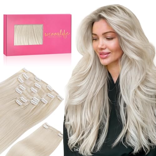 WENNALIFE Clip in Human Hair Extensions, 20 Inch 150g 9pcs Clip in Hair Extensions Real Human Hair, Platinum Blonde Human Hair Clip in Extensions Remy Human Hair Extensions Clip Ins Double Weft
