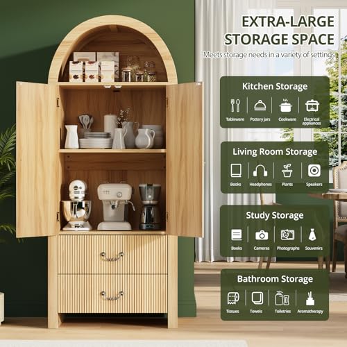 Image of FURSUN 71 inch Arched Storage Cabinet with Fluted Doors, Tall Wood Pantry Cabinet with Drawers & Adjustable Shelves, Modern Coffee Bar Cabinet, Natural Oak