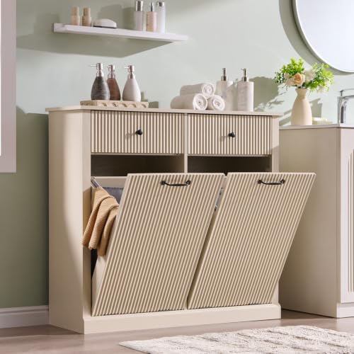 Image of IFBUY Double Tilt Out Laundry Hamper Cabinet, Modern Trash Cabinet, Cream
