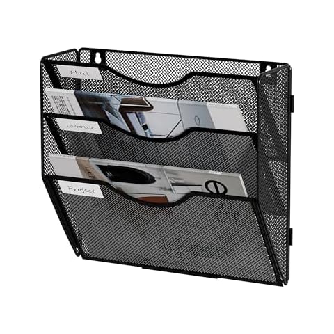 Senhoglb File Folder Organizer, 3-Tier Mesh Hanging Wall File Holder, Magazine Rack, Wall File Organizer With Pockets, Metal Document Organizer, Mail Organizer Wall Mounted for Office Home, Black Cover