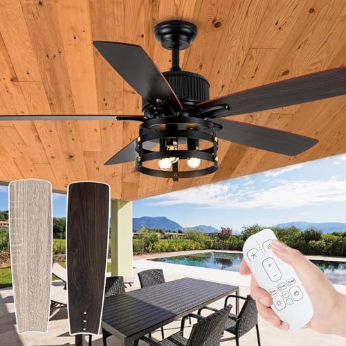 52 Inch Farmhouse Rustic Ceiling Fan with Light Remote, Indoor/Outdoor