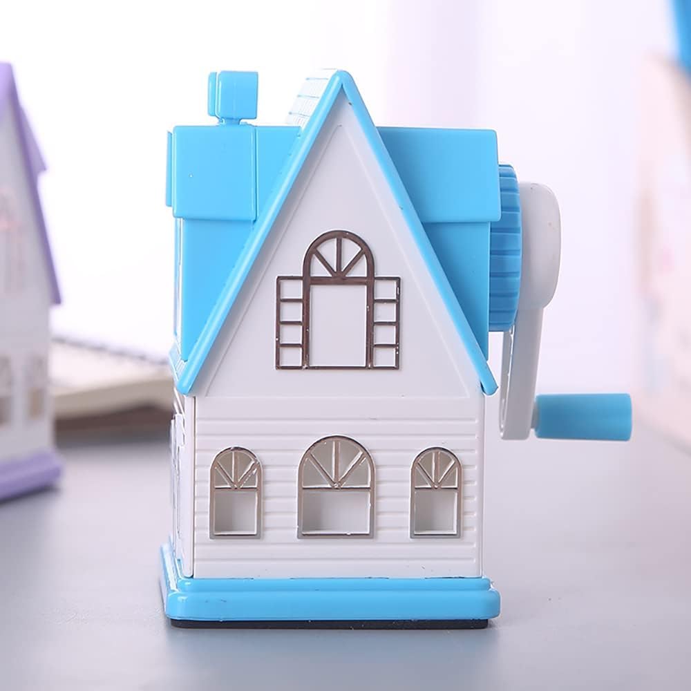Cute House Design Manual Pencil Sharpener | Metal Blade Desktop Sharpener with Handle & Storage Tray | School & Office Stationery Gift