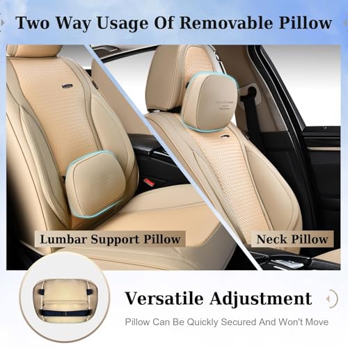 Image of Coverado Car Seat Covers Full Set, Beige Seat Covers for Cars, Waterproof Nappa Leather Automotive Seat Covers with Lumbar Head Pillow, Car Seat Protectors, Universal Fit for Most Cars SUV