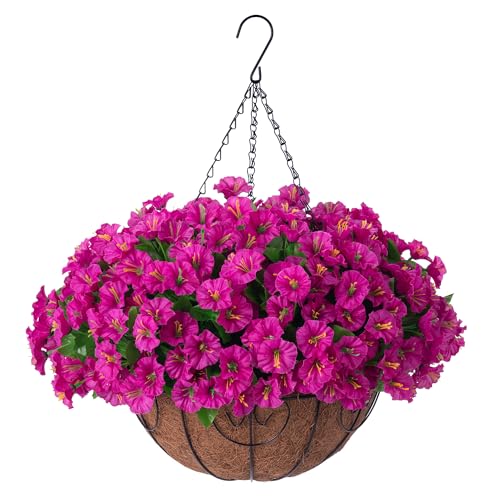 Ammyoo Artificial Hanging Flower Plants with Basket for Outdoor Decoration, Faux Petunias Flowers Fake Morning Glory Planter for Outside Patio Garden Porch Balcony Yard Decor(Fuchsia)