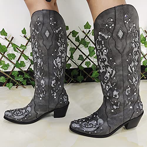 Wiralomi Women Printed Western Rhinestones Cowboy Cowgirl Boots Square Toe Embroidered Retro Pull On Mid Calf Boots Wedding Travel #TOP3
