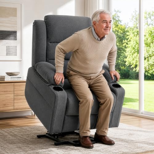 Image of Power Lift Recliner Chair for Elderly Adults with Massage and Heat, Fabric Electric Recliner Sofa with Side Pocket, Two Cup Holders for Living Room L9912 (Dark Grey)