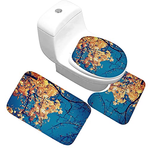 Badematten Set,Badematten Teppich-Set 3-Teilig Herbst Blauer Himmel Herbstblätter 3D-Druck Rutschfeste Badematten Weiche…