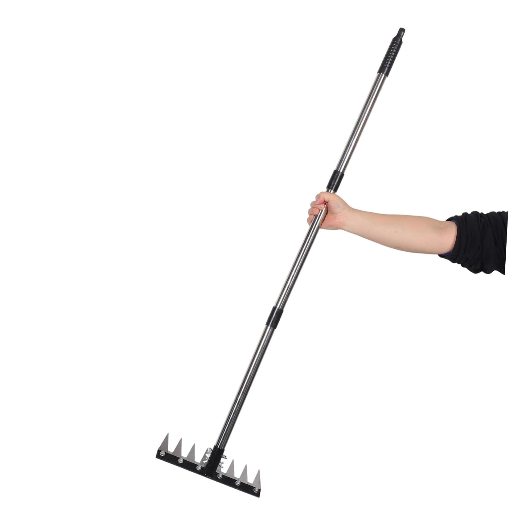 Rastrillo para Aflojar la Tierra, Rastrillo Nivelador de Tierra de Aluminio, Plástico E Hierro, 8 Dientes, Mango Ajustable y Desmontable, Negro, para Parterres y Pequeñas Áreas