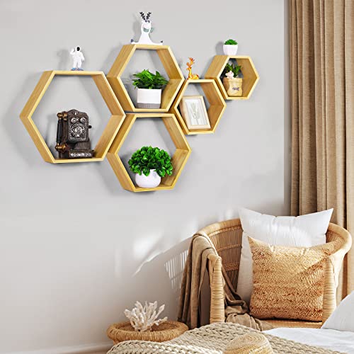 Hexagon Shelves Wall Floating Hexagonal Shelves Set Of 5 Honeycomb Bamboo Shelves Floating Storage Display Shelves For Wall Decor Honey Comb Shelf Farmhouse Hexagon Rack In Living Room Bedroom Study #TOP1