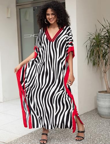 Image of KECVOT Kaftan Dresses for Women V-Neck Print Swimsuit Cover Up Plus Size Beach Caftan Lounge Dress