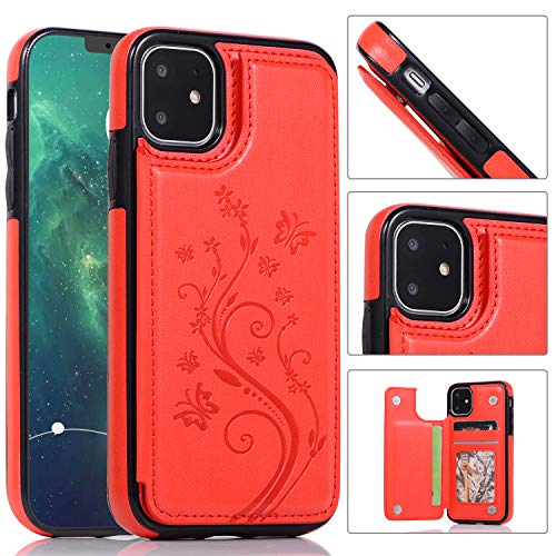 QFUN Back Wallet Case for iphone 11 with Stand, Elegant Embossed Design [Butterfly Flower] Lightweight Slim Fit Leather Phone Case with Card Holder Protective Bumper Flip Cover - Red