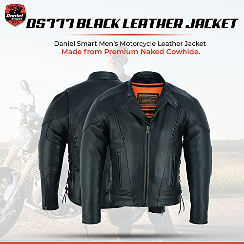Daniel Smart Men’s Motorcycle Leather Jacket – Sporty Leather Jacket With Side Laces Euro Collar & Concealment Armory Pockets (Large) #TOP1