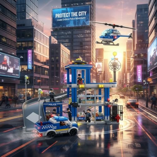 Image of SKY LINE OCEAN Police Station Slider Building Block Set, 601+ PCS City Police Playset with Action Slider Feature, Patrol Vehicles & Accessories, STEM Construction Toy | 5 Year Structural Warranty