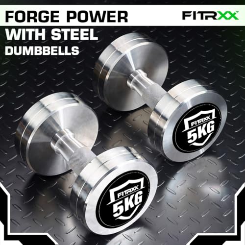 Image of Fitrxx Pair of chrome plated steel Fixed Weight Dumbbells - Gym equipment for home workout | Fitness Gym Dumbbell set for Muscles | stainless steel dumbles set | Dumbell Weights for Workout (Silver, 5 Kg Pair)