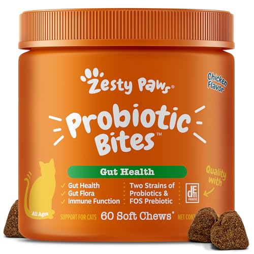 Zesty Paws Probiotic Bites for Cats - Gut Flora & Immune System Support - Cat Supplement with DE111 Bacillus subtilis - Pet Soft Chews with Probiotics & Prebiotics for Digestive Health - 60 Count