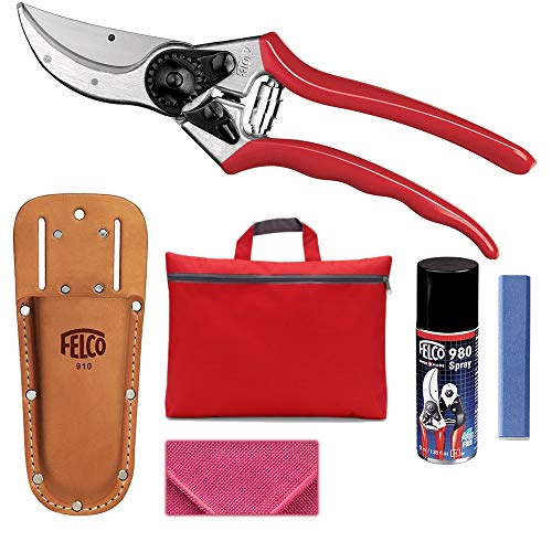 Preisvergleich Produktbild FELCO SET EXPERT - Profi Gartenschere + Ledertasche + Schleifstein + P980 Pflege-Öl + Reinigungstuch + GREEN24 Schnittanleitung