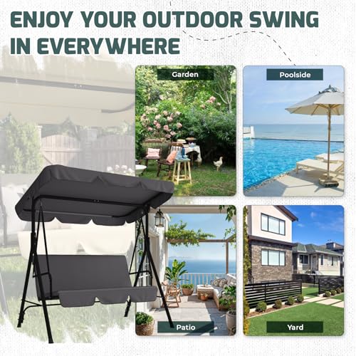 Image of AECOJOY 3-Seat Outdoor Clearance Porch Swings for Adults, Outdoor Patio Swing with Adjustable Canopy & Removable Cushion for Backyard, Garden, Balcony, Grey