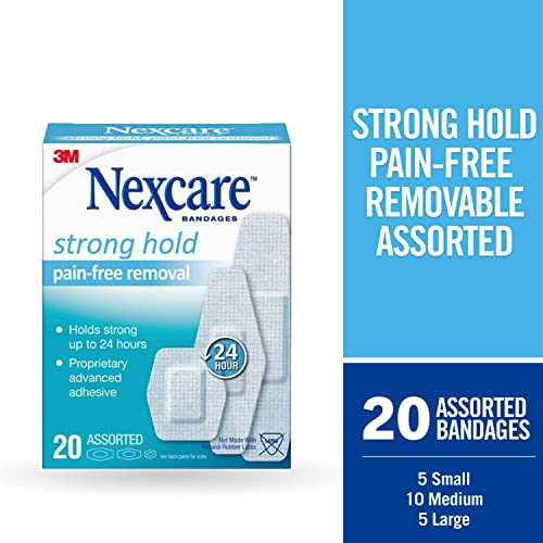 Nexcare Strong Hold Pain-Free Removal Bandages, Assorted Sizes, 20 Count – Gentle, Hypoallergenic Adhesive for Sensitive Skin