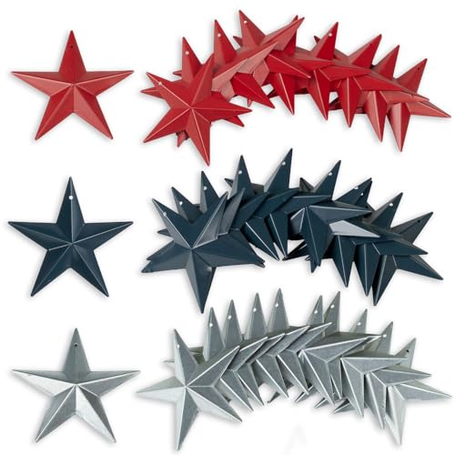 Factory Direct Craft Pack of 36 Painted Red, Navy and Galvanized Metal Dimensional Barn Stars with Holes - Mini Stars for Crafts and Decorations (Size-3-1/2 Inches Dia)