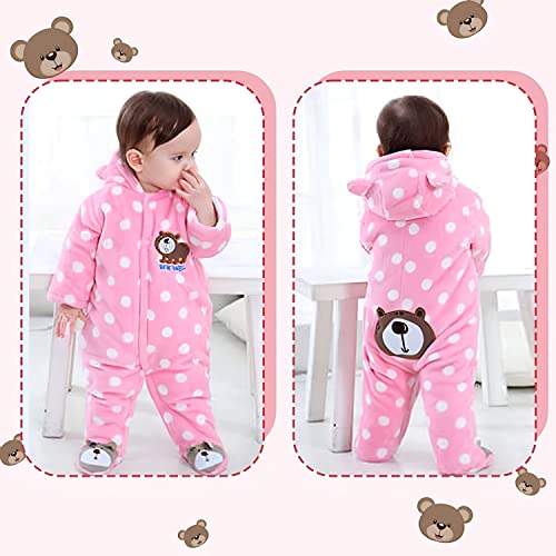 Image of BRANDONN BRANDONN Unisex Baby Flannel Polka Print Jumpsuit Panda Style Cosplay Clothes Bunting Outfits Snowsuit Hooded Romper Outwear (Pink, 9-12 Months)