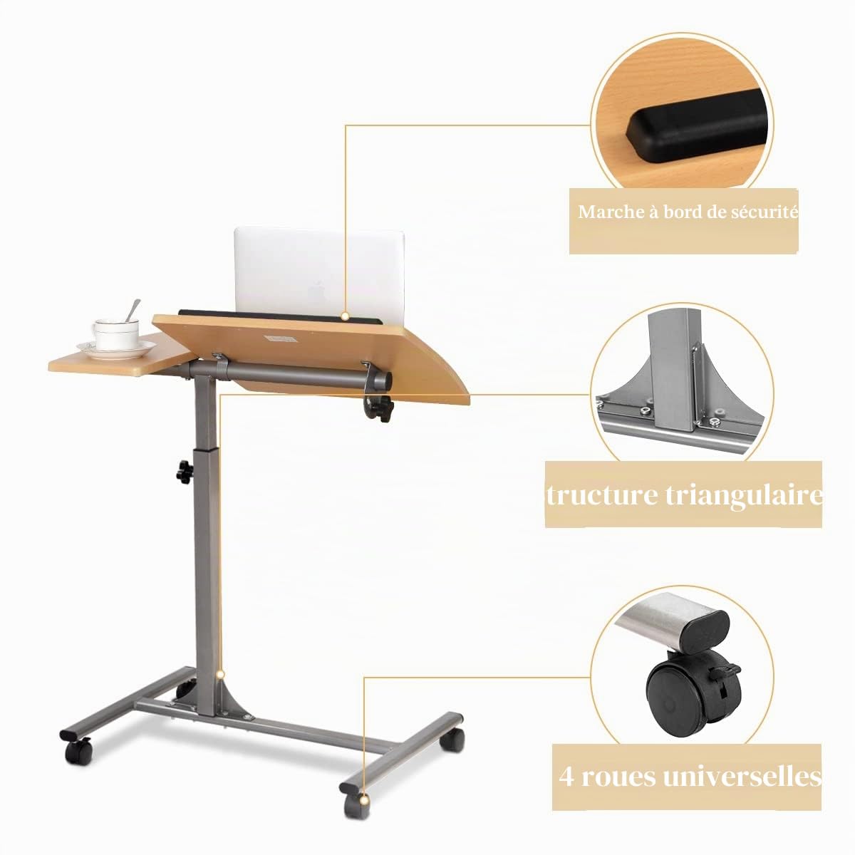 GIANTEX Table de Lit Roulante pour Ordinateur Portable, Table Réglable en Hauteur et Inclinable, Bout de Canapé avec Plateau pour Souris 64 x 45 x (71-93) cm (Naturel)