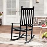 BORGEBY Outdoor Rocking Chair Wooden Patio Rocking Chairs, High Back Patio Rocker Chair for Patio Porch Garden and Terrace, 243 lbs Weight Capacity, Black