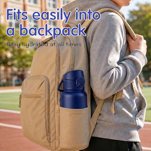 Image of GOPPUS Kids 12oz Insulated Stainless Steel Water Bottle, Leakproof Vacuum Tumbler with Carry Handle, Fits Cup Holders, Reusable Water Bottle for School Outdoor, Boys & Girls(Dark blue)