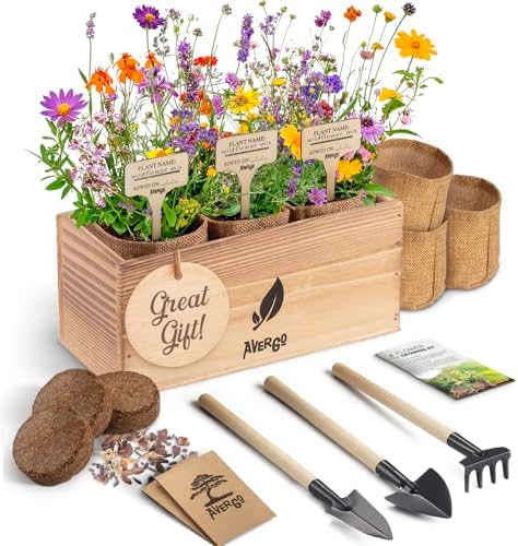 flower seed starter kit that will transform your gardening game 8 AVERGO Wildflower Seed Mix Growing Kit - Includes Perennial & Annual Wild Flowers, Burlap Planters, Soil, Wooden Box, and Gardening Tools for Indoor Garden and Patio Planting