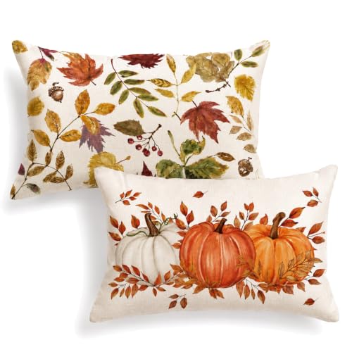 Lot de 2 Housse de Coussin Automne, Citrouille et Feuilles, 30x50 cm