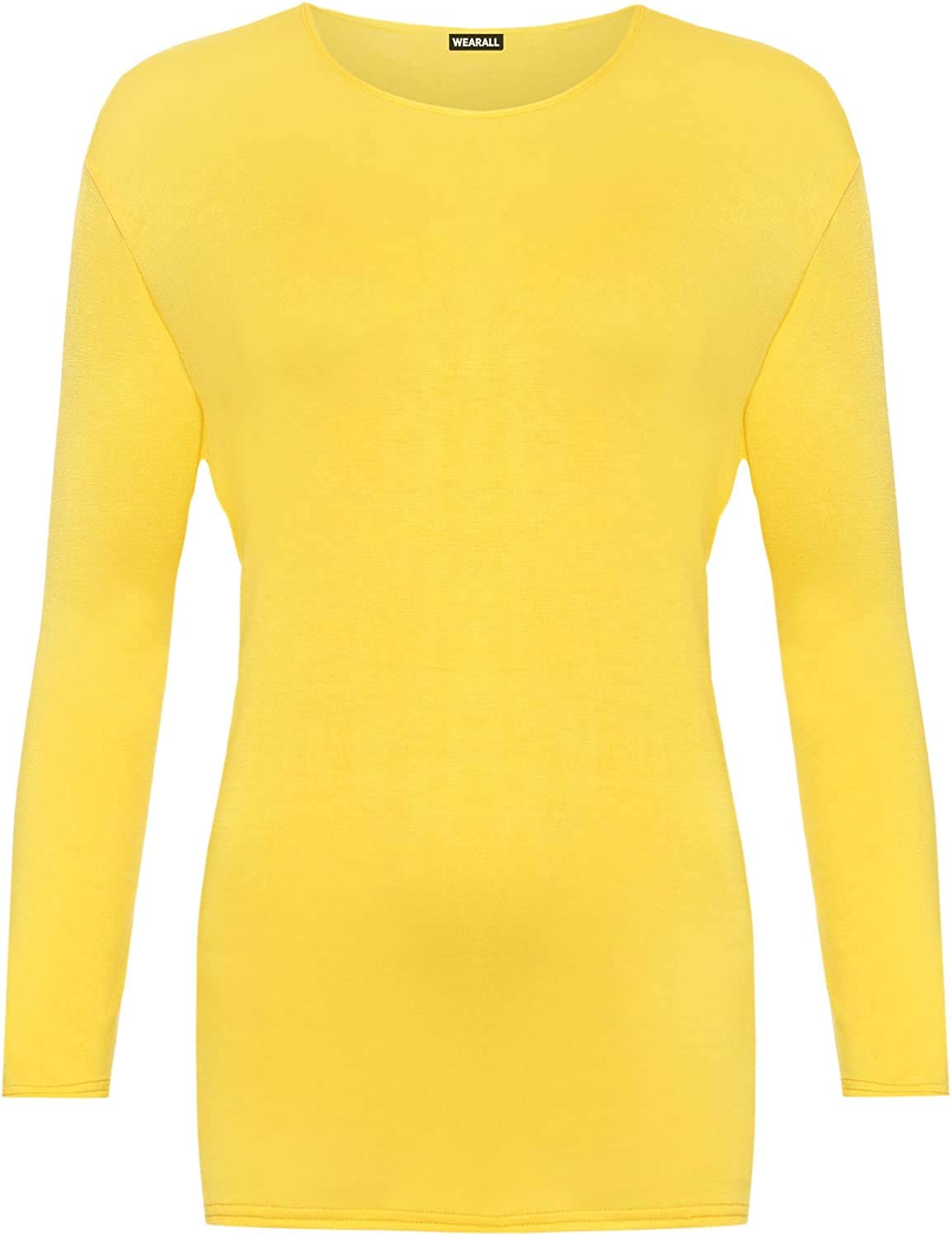 GirlzWalk Women's Plain Long Sleeve T-Shirt Basic Casual Plain Stretch Top Plus Size (Yellow, ML = UK 12-14)